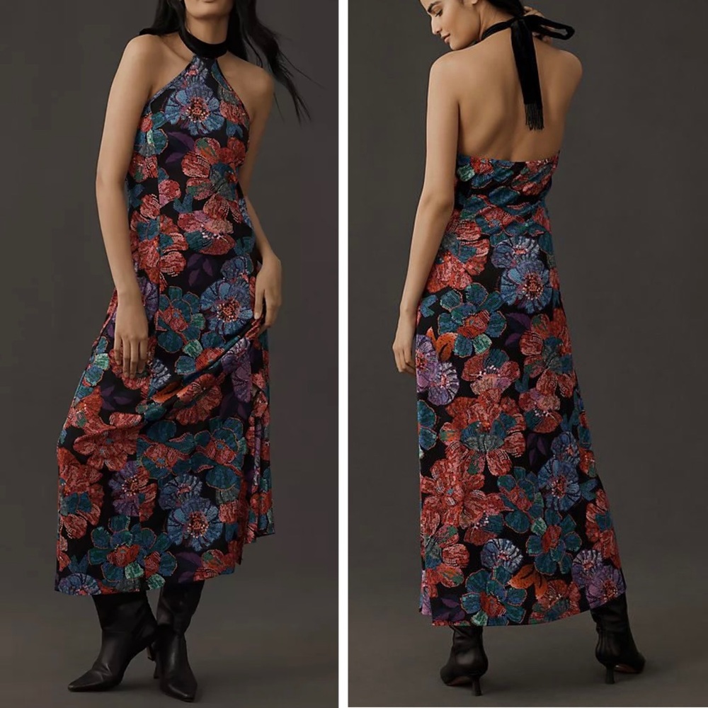 Farm Rio Halter Bow Tie Printed Midi Dress, Size L